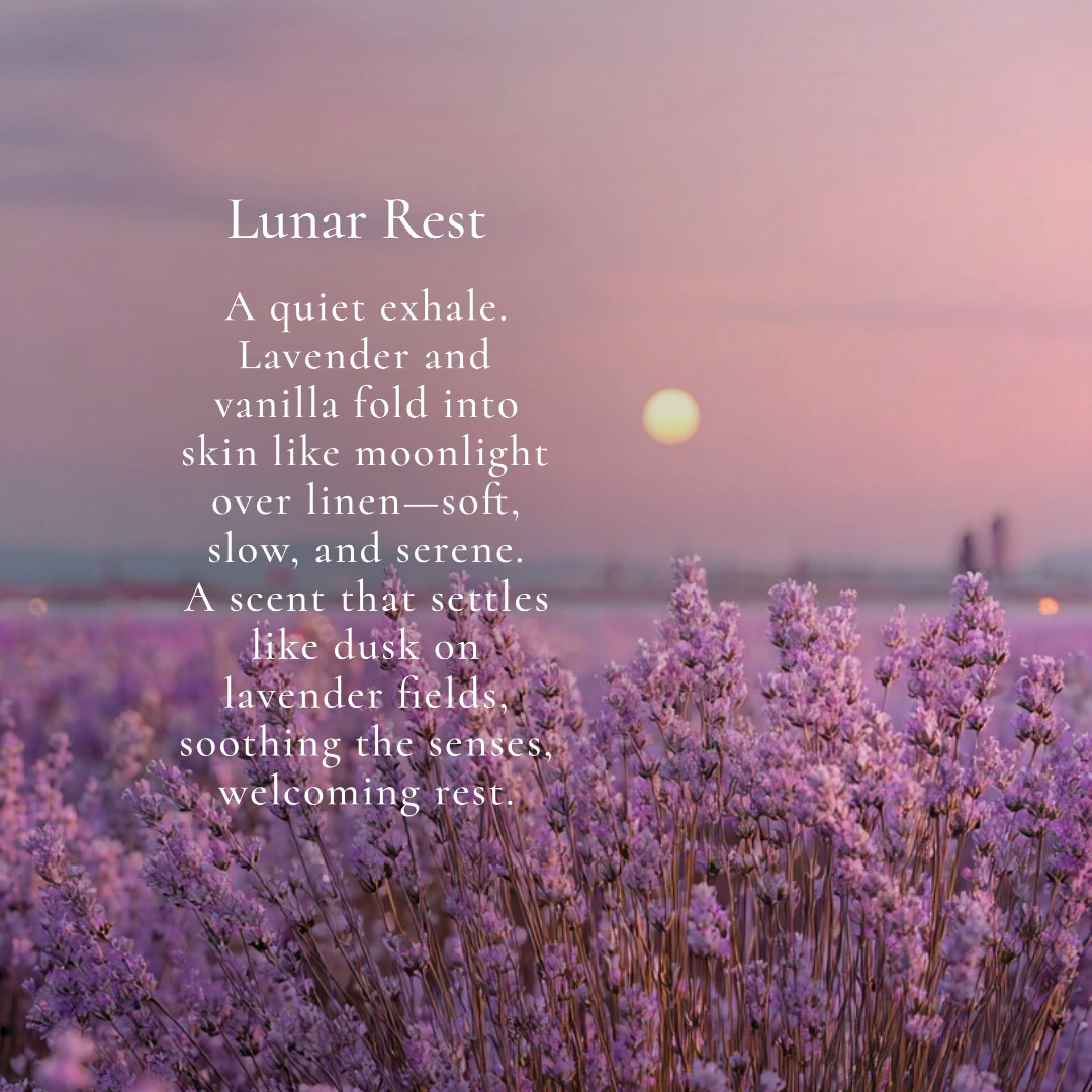 Lavender field with sunset and quote about 'Lunar Rest' on a dark background