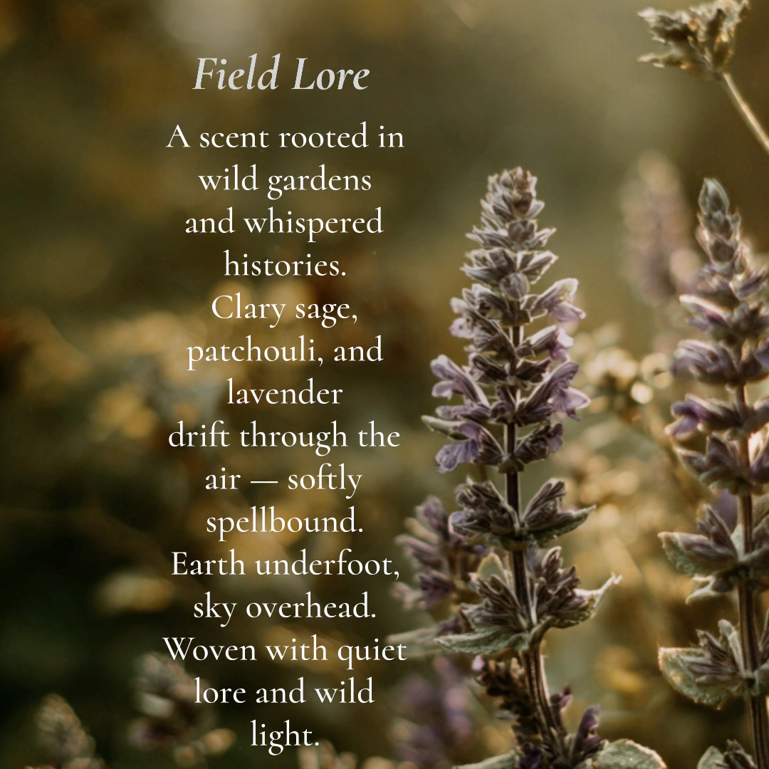 Lavender flowers with a poem titled 'Field Lore' on a blurred natural background