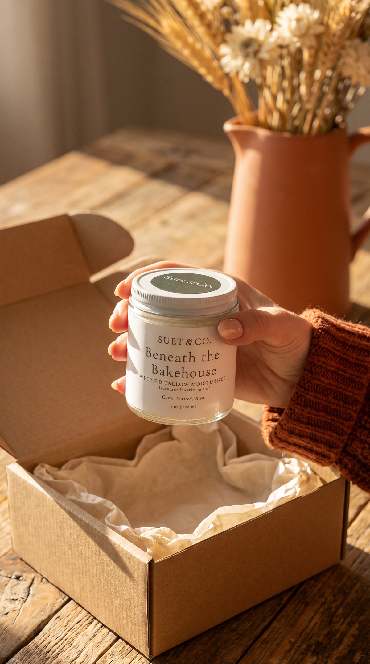 A hand in a rust-colored knit sweater holds a small white jar labeled 'Beneath the Bakehouse' above an open kraft gift box with tissue paper, set on a rustic wooden table with dried flowers in the background.