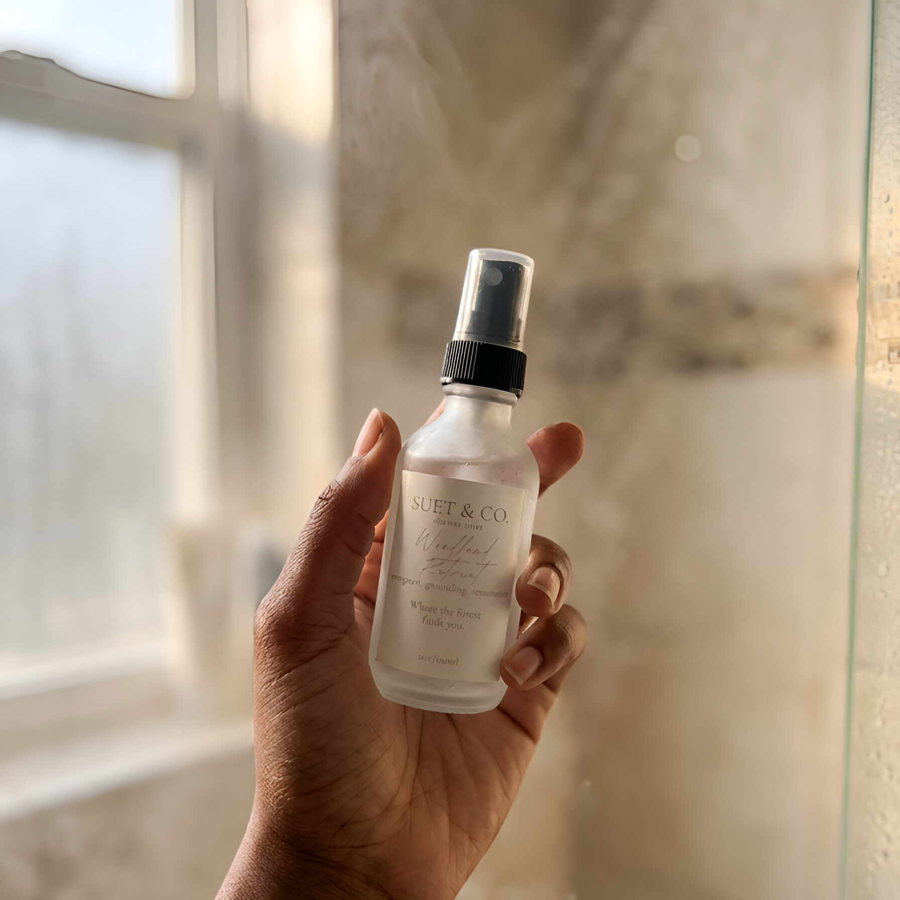 Hand holding a bottle of Suet & Co. Woodland Retreat shower mist product in front of a shower.
