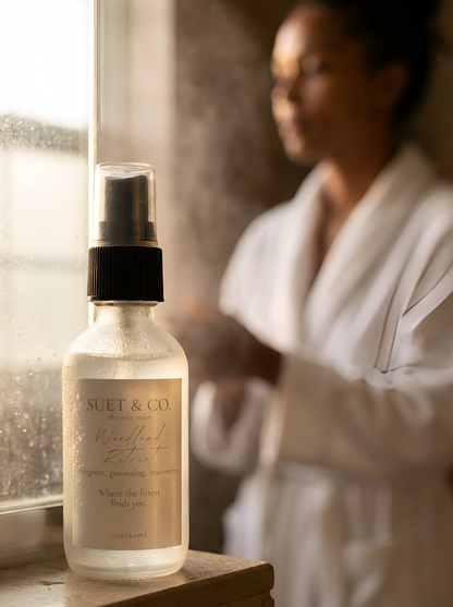 Woodland Retreat botanical shower mist used in a calming evening shower ritual