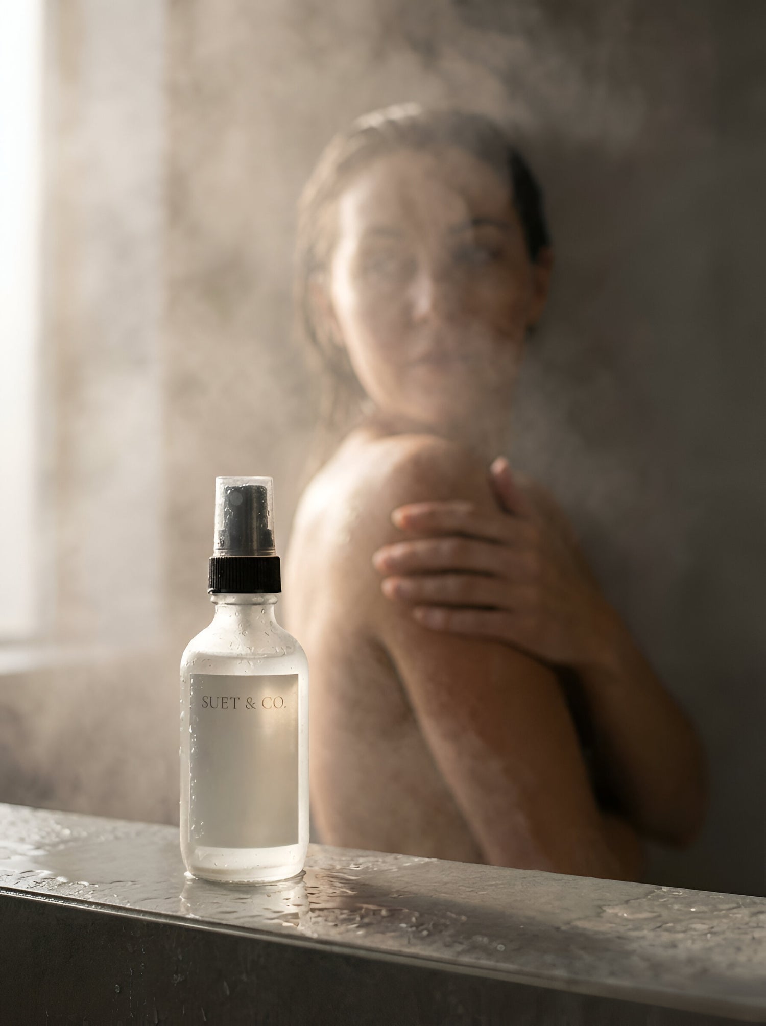 Person standing in a steamy shower with a bottle of Suet & Co. aromatic shower mist on a ledge.