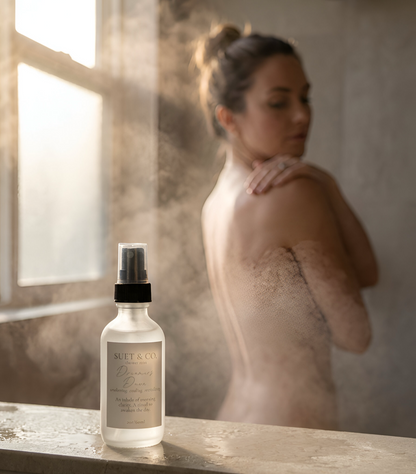 Dreamers Dawn aromatic shower mist used in a calming, steam-filled morning shower ritual