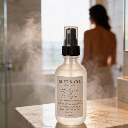 Suet & Co.  Halcyon Horizon shower mist bottle on a bathroom counter with steam in the background