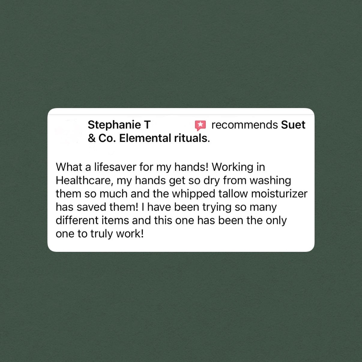 Product review card for Stephanie T. recommending Suet & Co. Elemental rituals on a dark background