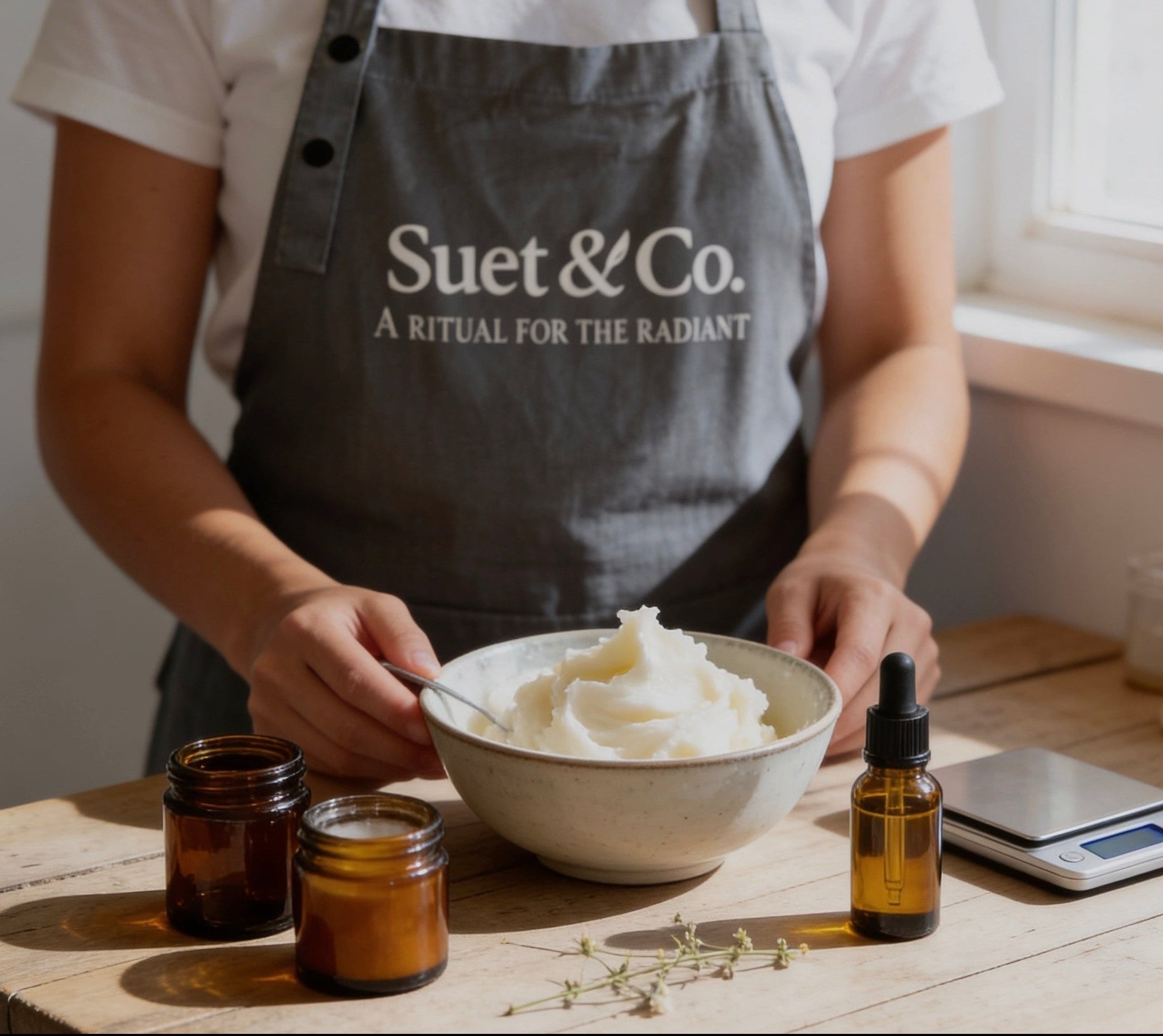 Person wearing a 'Suet & Co.' apron preparing ingredients on a wooden table.