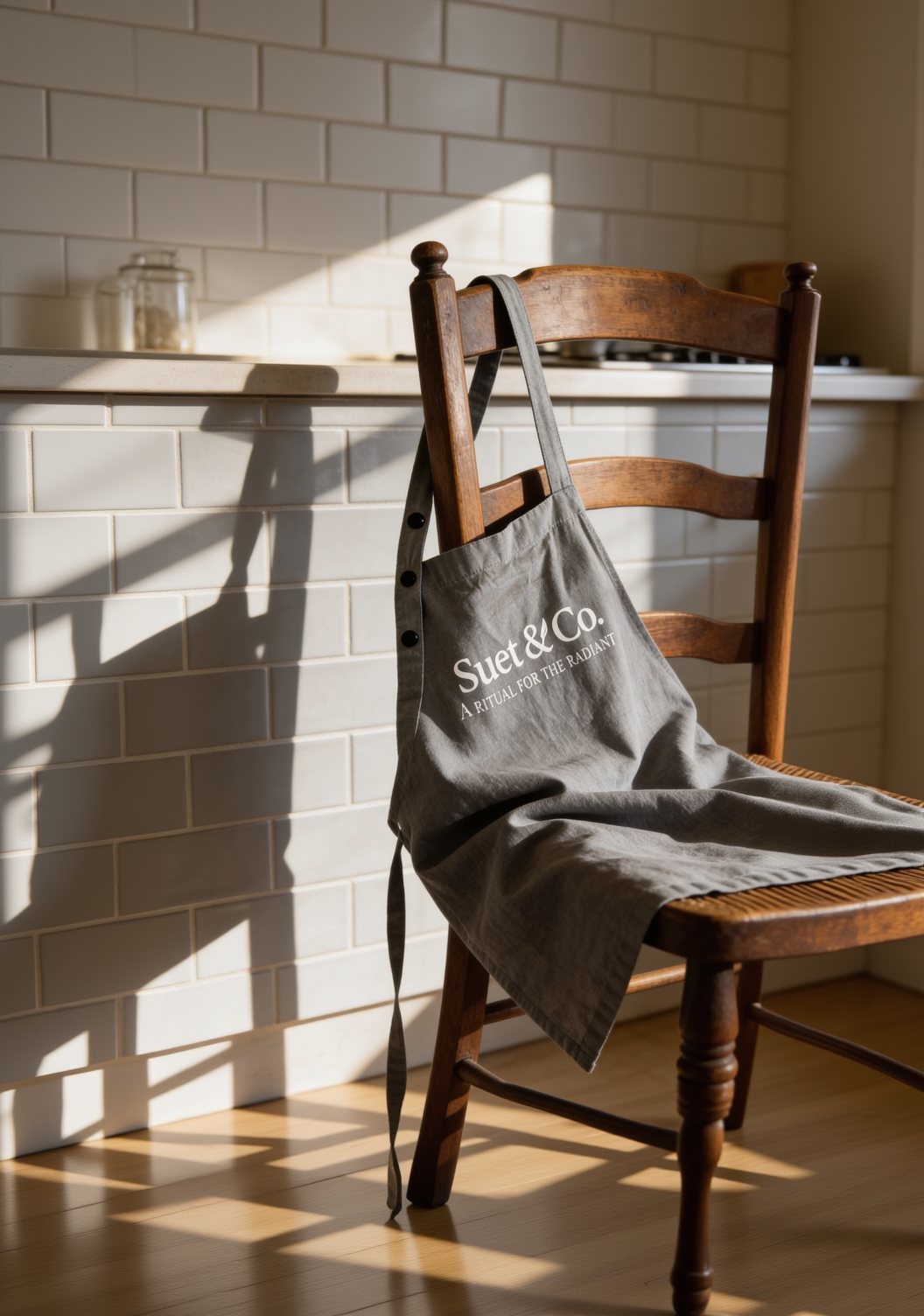Gray apron with 'Suet & Co.' branding on a wooden chair against a tiled wall.