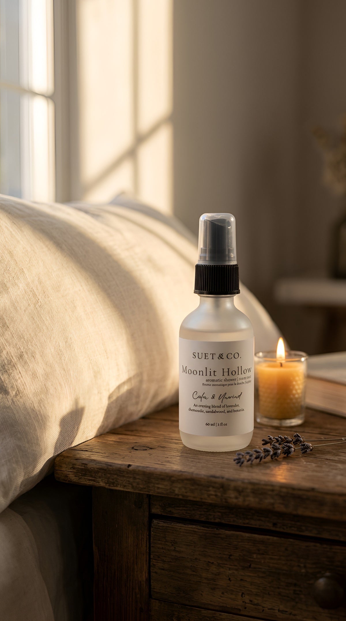 A frosted glass spray bottle labeled 'Suetaco Moonlit Hollow' sits on a rustic wooden bedside table next to a lit candle and a beige upholstered chair in a softly lit room.