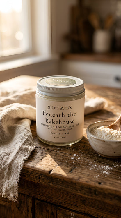 A jar of Suet & Co. 'Beneath the Bakehouse' whipped tallow moisturizer sits on a rustic wooden table next to a small bowl of flour, with a linen cloth and a softly blurred kitchen background.