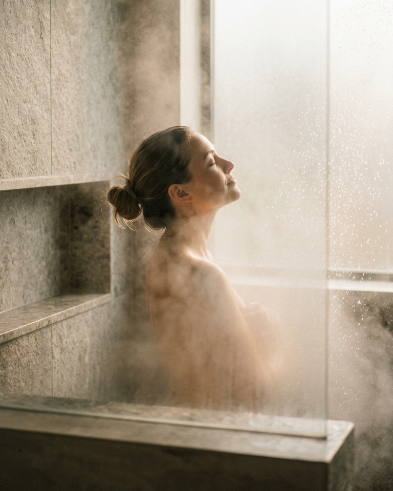 Person taking a shower in a steamy bathroom