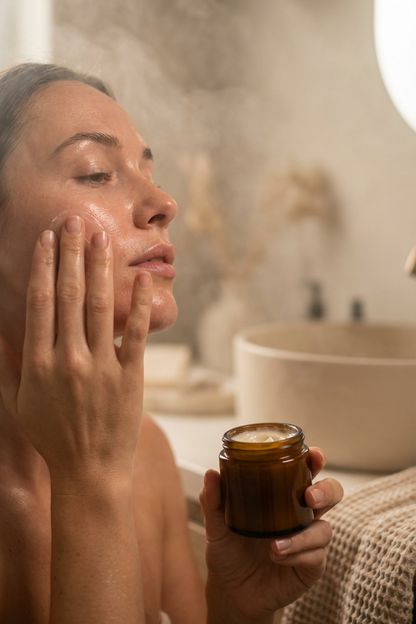 Woman applying Suet & Co. Field Lore to her face in a bathroom setting
